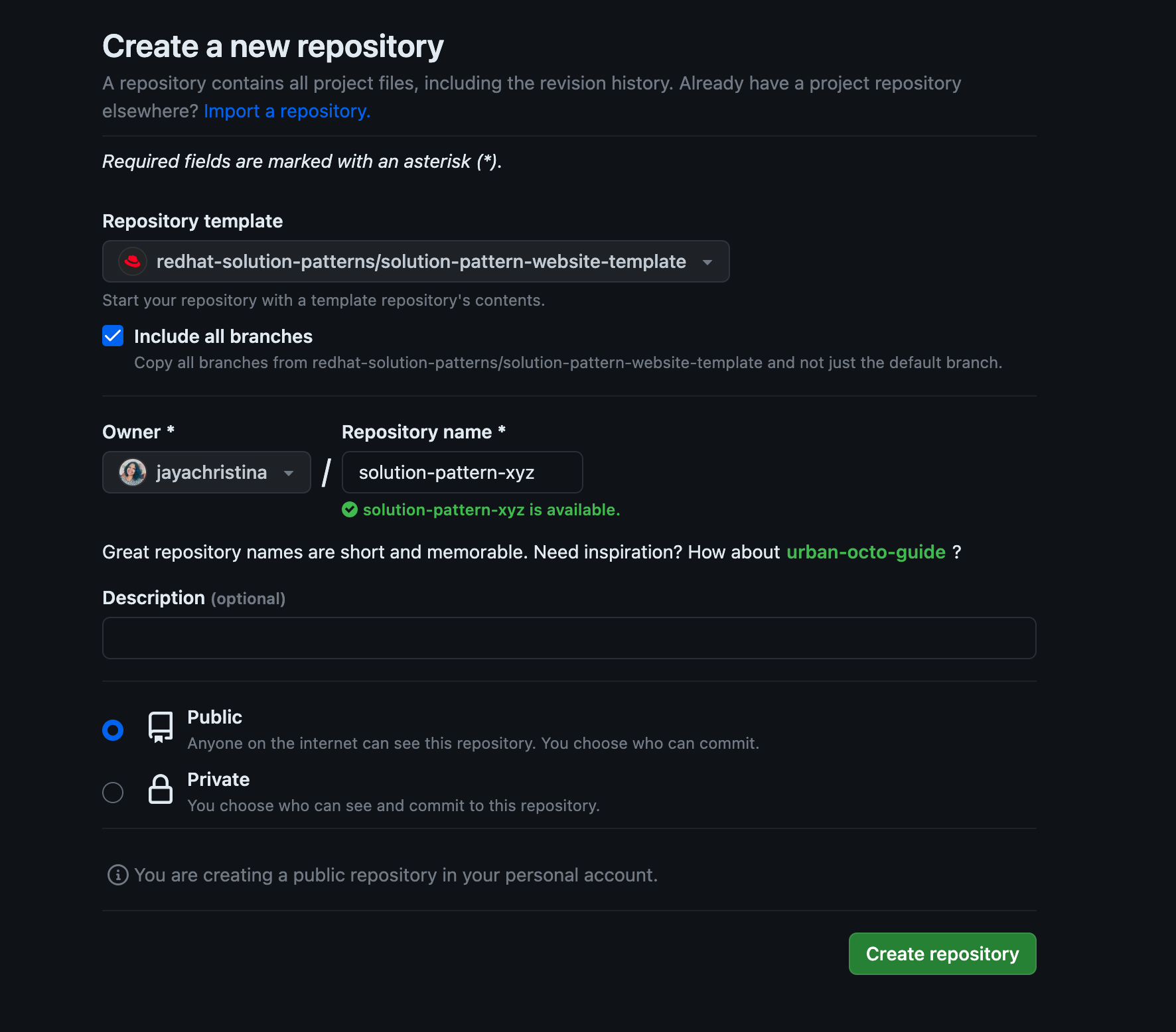 create new repo page