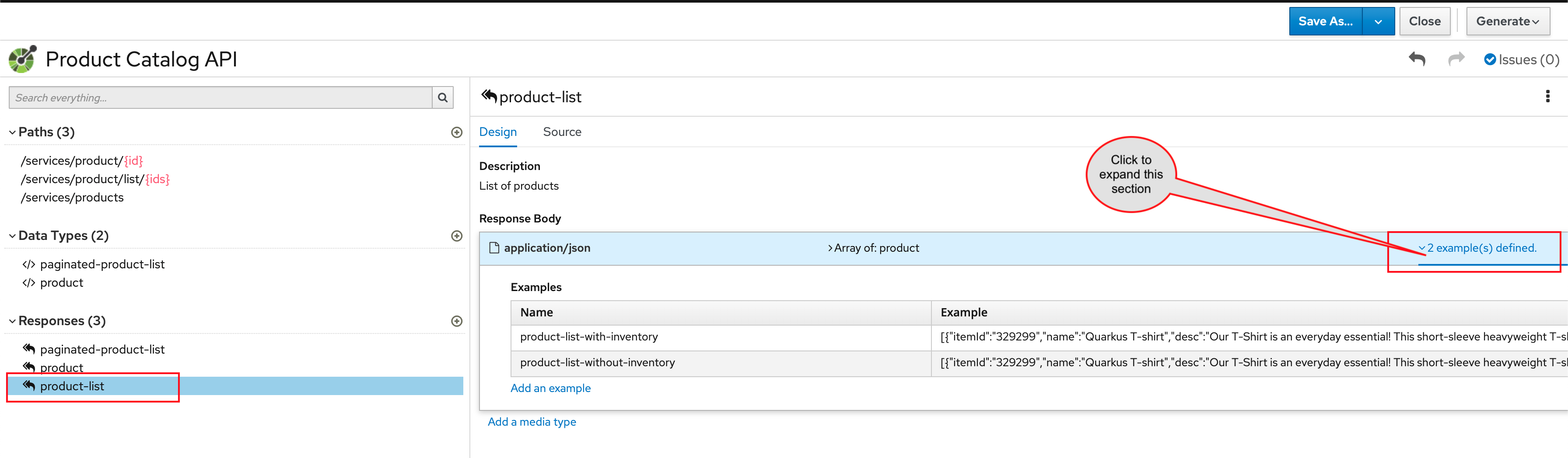 api designer product list response eg list