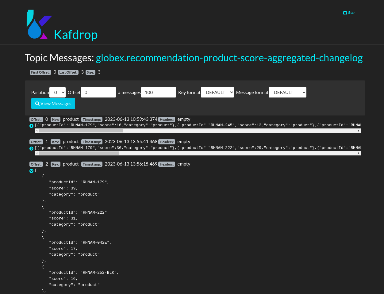 kafdrop messages aggregated chainlog